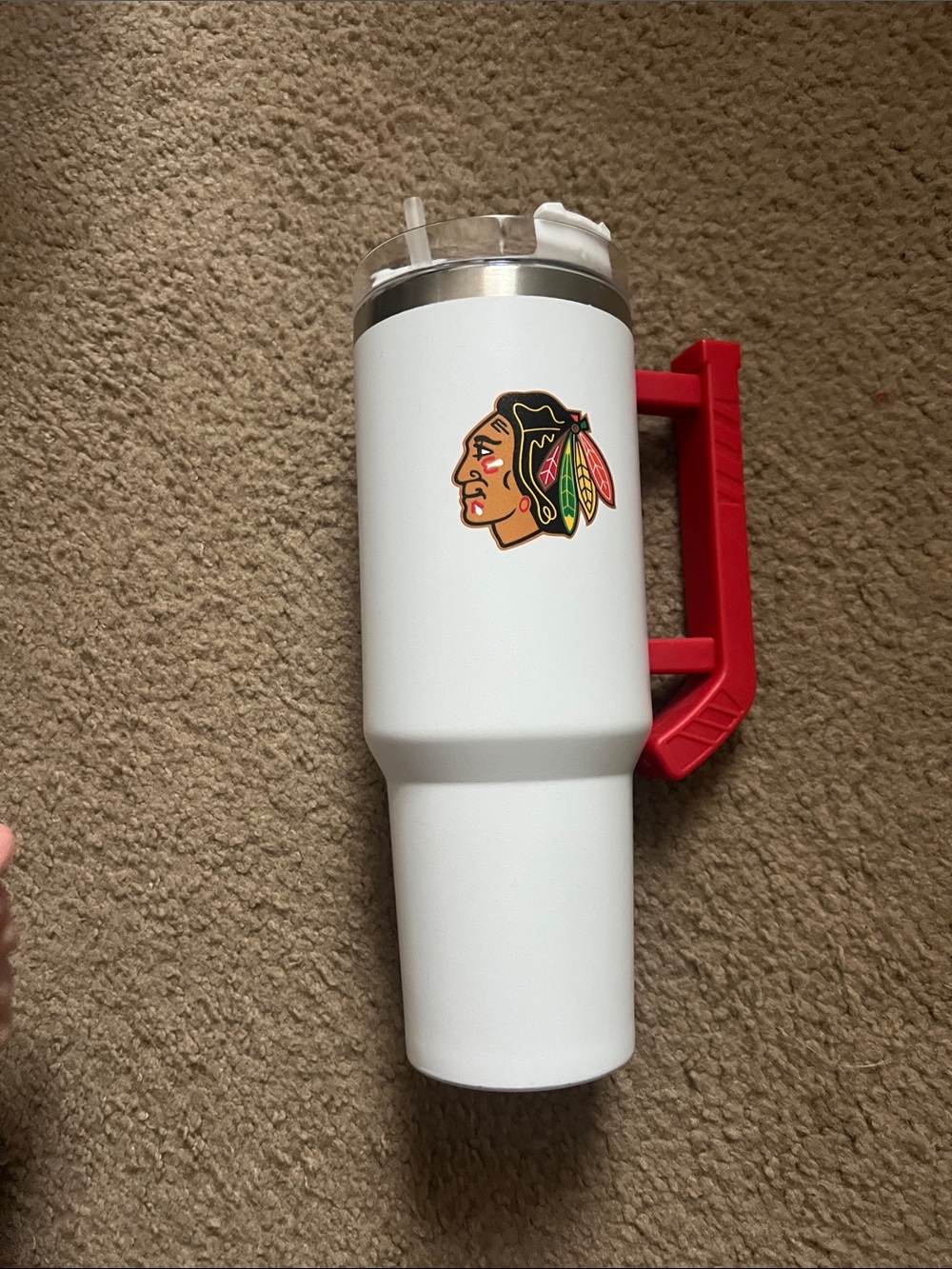 White Travel Tumbler with Red Handle and Team Logo Chicago Blackhawks